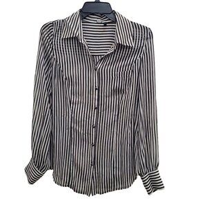 Guess Women's Semi Sheer Black‎ & White Stripe Beetlejuice LS Button Up Size M